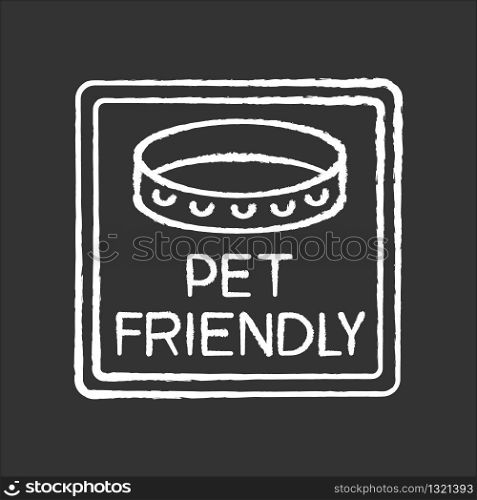 Pet friendly area sign chalk white icon on black background. Domestic animals with collars allowed. Cats and dogs welcome, permitted public place. Isolated vector chalkboard illustration
