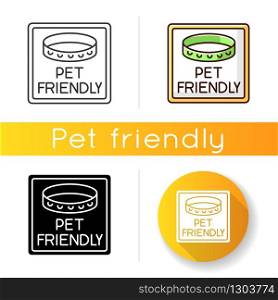 Pet friendly area sign icon. Domestic animals with collars allowed. Cats and dogs welcome, pets permitted public place. Linear black and RGB color styles. Isolated vector illustrations