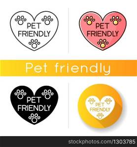 Pet friendly area sign icon. Grooming salon heart shaped logo, animals welcome zone. Cats and dogs permitted territory. Linear black and RGB color styles. Isolated vector illustrations