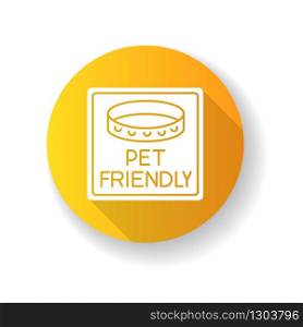 Pet friendly area sign yellow flat design long shadow glyph icon. Domestic animals with collars allowed. Cats and dogs welcome, permitted public place. Silhouette RGB color illustration
