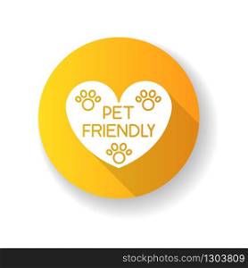 Pet friendly area sign yellow flat design long shadow glyph icon. Grooming salon heart shaped logo, animals welcome zone. Cats and dogs permitted territory. Silhouette RGB color illustration
