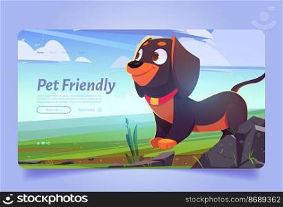 Pet friendly banner with cute dog on lawn. Vector landing page of allowed visit with domestic animals in hotel, restaurant or store. Cartoon illustration of funny puppy rottweiler on green grass. Pet friendly banner with cute dog on lawn