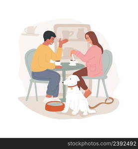 Pet-friendly cafe isolated cartoon vector illustration Pet-friendly environment, family sitting at the table drinking coffee, dog with a bowl of water, urban cafe, leisure time vector cartoon.. Pet-friendly cafe isolated cartoon vector illustration