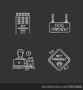 Pet friendly companies chalk white icons set on black background. Four-legged friends allowed hotels and offices. Animals welcome, cats and dogs permitted. Isolated vector chalkboard illustrations