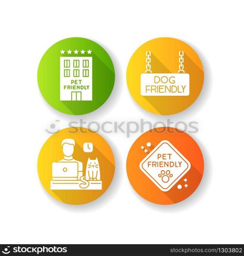 Pet friendly companies flat design long shadow glyph icons set. Four-legged friends allowed hotels and offices. Animals welcome, cats and dogs permitted. Silhouette RGB color illustration