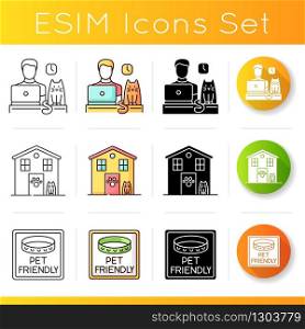 Pet friendly companies icons set. Four-legged friends allowed hotels and offices. Animals welcome, cats and dogs permitted. Linear, black and RGB color styles. Isolated vector illustrations