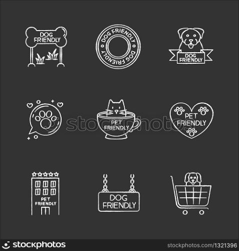 Pet friendly emblems chalk white icons set on black background. Four-legged friends allowed territories, kitty and doggy permitted, welcome public places. Isolated vector chalkboard illustrations