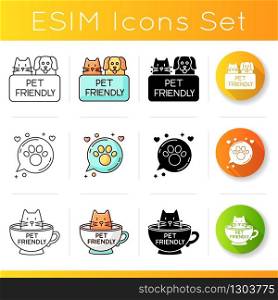 Pet friendly emblems icons set. Four-legged friends allowed territories, kitty and doggy permitted, welcome public places. Linear, black and RGB color styles. Isolated vector illustrations