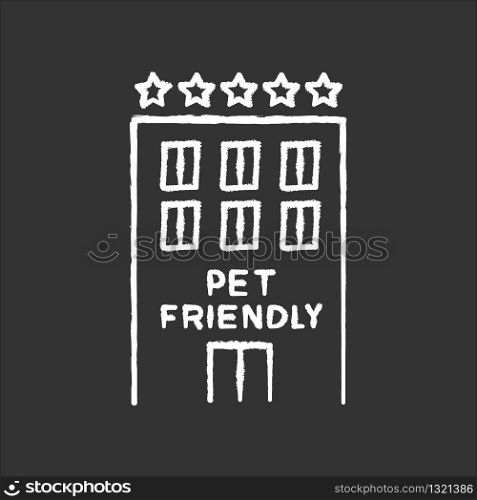 Pet friendly motel exterior chalk white icon on black background. Domestic animals welcome five-star hotel. Cats and dogs permitted hostel, welcome zone. Isolated vector chalkboard illustration