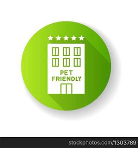 Pet friendly motel exterior green flat design long shadow glyph icon. Domestic animals welcome five-star hotel. Cats and dogs permitted hostel, welcome zone. Silhouette RGB color illustration