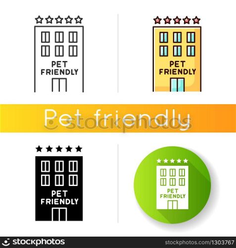 Pet friendly motel exterior icon. Domestic animals welcome five-star hotel. Cats and dogs permitted hostel, welcome zone. Linear black and RGB color styles. Isolated vector illustrations