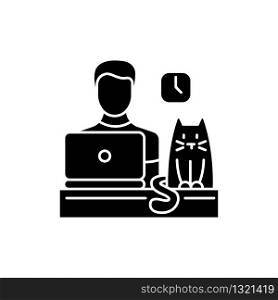 Pet friendly office black glyph icon. Domestic animal permitted territory. Cat at workplace, kitten and human working on computer. Silhouette symbol on white space. Vector isolated illustration