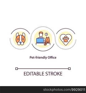 Pet friendly office concept icon. Reduce stress and increase things like communication and productivity. Work idea thin line illustration. Vector isolated outline RGB color drawing. Editable stroke. Pet friendly office concept icon