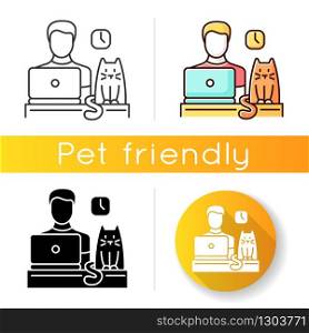 Pet friendly office icon. Domestic animal permitted territory. Cat at workplace, kitten and human working on computer. Linear black and RGB color styles. Isolated vector illustrations