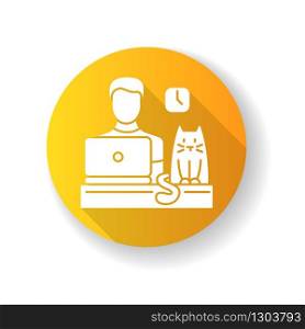 Pet friendly office yellow flat design long shadow glyph icon. Domestic animal permitted territory. Cat at workplace, kitten and human working on computer. Silhouette RGB color illustration