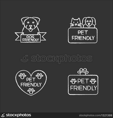 Pet friendly service chalk white icons set on black background. Four-legged friends grooming salon. Domestic animals care, cats and dogs allowed areas. Isolated vector chalkboard illustrations
