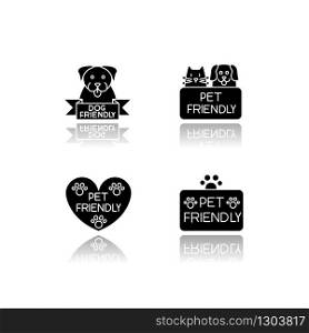 Pet friendly service drop shadow black glyph icons set. Four-legged friends grooming salon. Domestic animals care, cats and dogs allowed areas. Isolated vector illustrations on white space