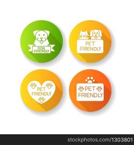 Pet friendly service flat design long shadow glyph icons set. Four-legged friends grooming salon. Domestic animals care, cats and dogs allowed areas. Silhouette RGB color illustration