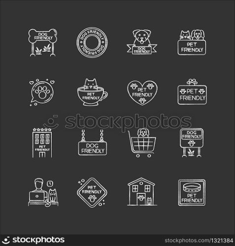 Pet friendly signs chalk white icons set on black background. Cats and dogs allowed territories and institutions. Domestic animals welcome public places. Isolated vector chalkboard illustrations