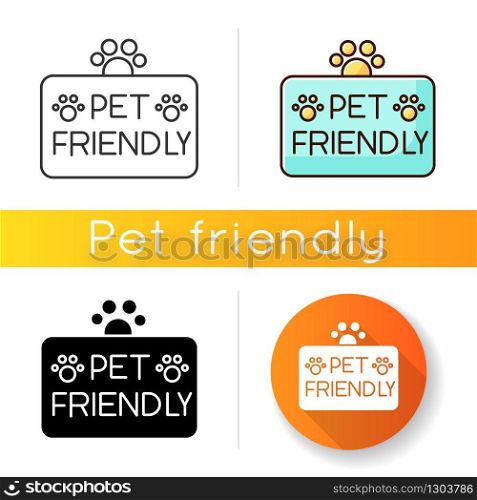 Pet friendly territory icon. Grooming salon, domestic animals care service. Cats and dogs permitted area, welcome zone. Linear black and RGB color styles. Isolated vector illustrations