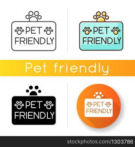 Pet friendly territory icon. Grooming salon, domestic animals care service. Cats and dogs permitted area, welcome zone. Linear black and RGB color styles. Isolated vector illustrations