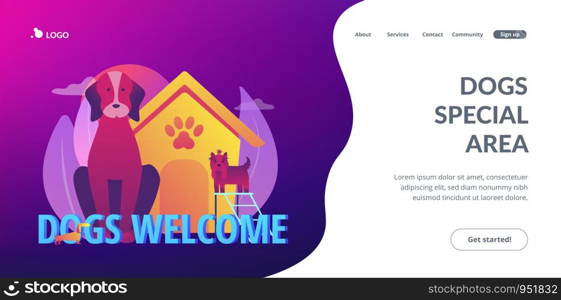 Pet-friendly zone, pet amenities. Allowing pet into facilities. Dogs friendly place, dogs special area, dogs welcome here concept. Website homepage landing web page template.. Dogs friendly place concept landing page