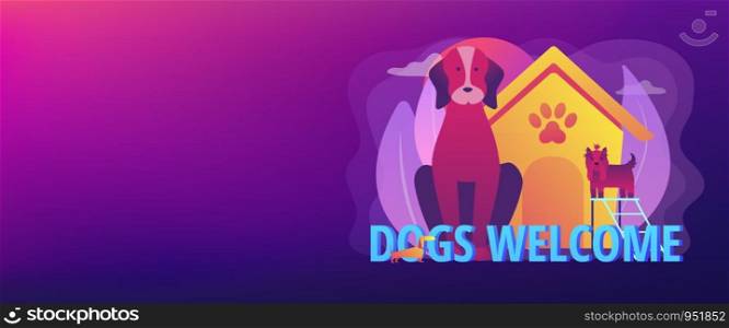 Pet-friendly zone, pet amenities. Allowing pet into facilities. Dogs friendly place, dogs special area, dogs welcome here concept. Header or footer banner template with copy space.. Dogs friendly place concept banner header