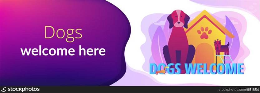 Pet-friendly zone, pet amenities. Allowing pet into facilities. Dogs friendly place, dogs special area, dogs welcome here concept. Header or footer banner template with copy space.. Dogs friendly place concept banner header
