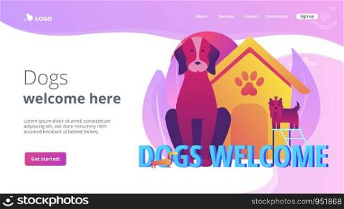 Pet-friendly zone, pet amenities. Allowing pet into facilities. Dogs friendly place, dogs special area, dogs welcome here concept. Website homepage landing web page template.. Dogs friendly place concept landing page