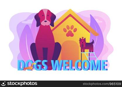 Pet-friendly zone, pet amenities. Allowing pet into facilities. Dogs friendly place, dogs special area, dogs welcome here concept. Bright vibrant violet vector isolated illustration. Dogs friendly place concept vector illustration