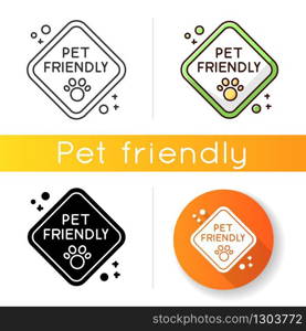 Pet friendly zone traffic sign icon. Domestic animals walking place, cats and dogs welcome territory. Pets permitted area. Linear black and RGB color styles. Isolated vector illustrations