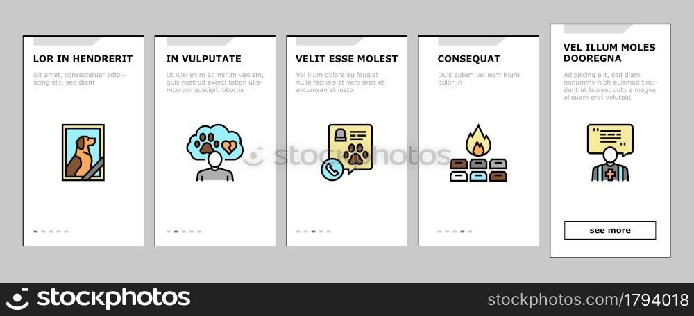 Pet Funeral Cemetery Onboarding Mobile App Page Screen Vector. Pet Funeral Ceremony And Prayer, Individual And Collective Cremation, Cat And Dog Dead Illustrations. Pet Funeral Cemetery Onboarding Icons Set Vector