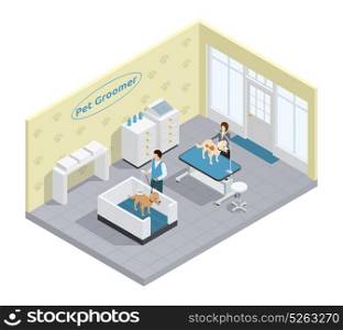 Pet Groomer Illustration. Pet groomer in pet grooming salon with dogs isometric vector illustration
