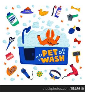 Pet grooming concept. Happy dog in a bath with foam and goods for bathing on white background. Dog care, grooming, hygiene, health. Pet shop, accessories. Flat style vector illustration. Pet grooming concept. Happy dog in a bath with foam and goods for bathing on white background. Dog care, grooming, hygiene, health. Pet shop, accessories. Flat style vector illustration.