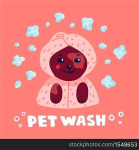 Pet grooming concept. Happy lap-dog in a towel and bathrobe in spa salon. Dog care, grooming, hygiene, health. Pet shop, accessories. Flat style vector illustration. Pet grooming concept. Happy lap-dog in a towel and bathrobe in spa salon. Dog care, grooming, hygiene, health. Pet shop, accessories. Flat style vector illustration.