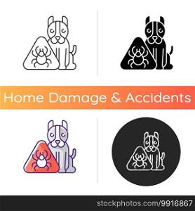Pet hazards icon. Household dangers for animals. Fleas and ticks. Animal attacks. Pet-friendly zone. Bugs on dogs. Bites and scratches. Linear black and RGB color styles. Isolated vector illustrations. Pet hazards icon