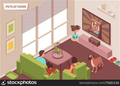 Pet home isometric composition with domestic room interior and human characters with animals and editable text vector illustration