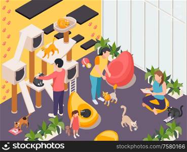 Pet hotel and day care center facility interior isometric compositions with playground gym for cats vector illustration