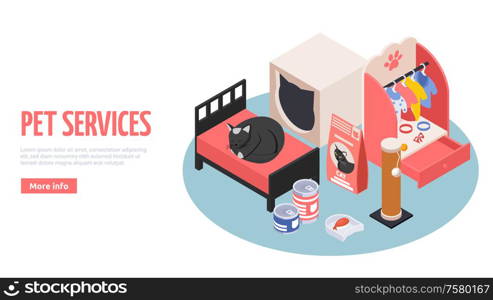 Pet hotel day care services web landing page with cats bed food playground isometric composition vector illustration