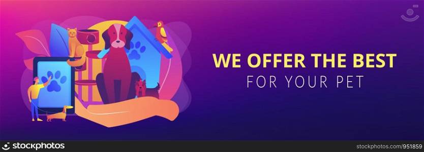 Pet hotel, daycare. Bringing puppy to grooming, veterinary service. Pet services, pets care services, we offer the best for your pet concept. Header or footer banner template with copy space.. Pet services concept banner header