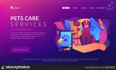 Pet hotel, daycare. Bringing puppy to grooming, veterinary service. Pet services, pets care services, we offer the best for your pet concept. Website homepage landing web page template.. Pet services concept landing page