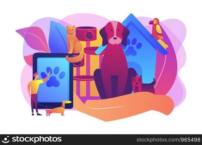Pet hotel, daycare. Bringing puppy to grooming, veterinary service. Pet services, pets care services, we offer the best for your pet concept. Bright vibrant violet vector isolated illustration. Pet services concept vector illustration