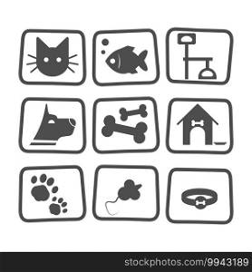 Pet icons set with fish , dog , cat and mouse isolated on white. Black animal pet collection symbol care veterinary. Icon pet collection