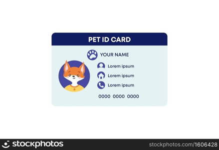 Pet ID card template. identification card animal with photo characteristics and vaccinations secure pass with personal owners phone character information plastic vector data badge ID.. Pet ID card template. identification card animal with photo characteristics and vaccinations secure pass with personal owners phone.