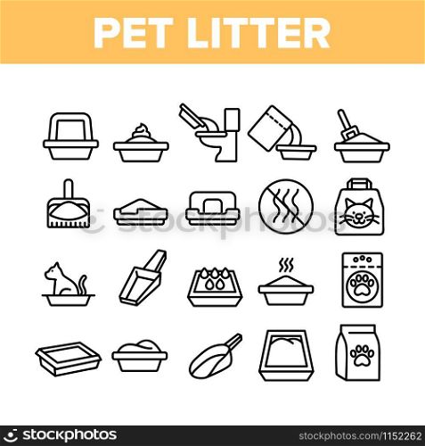 Pet Litter Accessory Collection Icons Set Vector Thin Line. Cat In Pet Litter, Animal Footprint On Bag With Granules, Scoop Concept Linear Pictograms. Monochrome Contour Illustrations. Pet Litter Accessory Collection Icons Set Vector