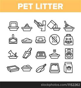 Pet Litter Accessory Collection Icons Set Vector Thin Line. Cat In Pet Litter, Animal Footprint On Bag With Granules, Scoop Concept Linear Pictograms. Monochrome Contour Illustrations. Pet Litter Accessory Collection Icons Set Vector