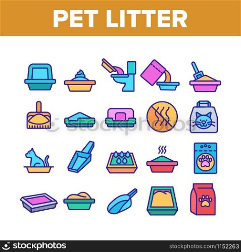 Pet Litter Accessory Collection Icons Set Vector Thin Line. Cat In Pet Litter, Animal Footprint On Bag With Granules, Scoop Concept Linear Pictograms. Color Illustrations. Pet Litter Accessory Collection Icons Set Vector