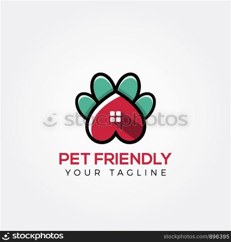Pet logo design icon. Dog paw animal clinic, pet care center illustration. Paw heart vector logo. animals lover symbol.