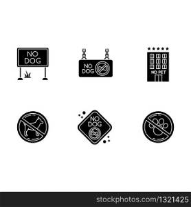 Pet not allowed emblems black glyph icons set on white space. Four-legged friends banned territories, domestic animals welcome public places. Silhouette symbols. Vector isolated illustration