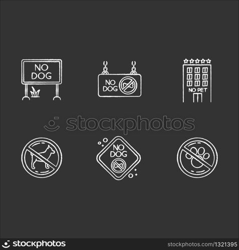Pet not allowed emblems chalk white icons set on black background. Four-legged friends banned territories, domestic animals welcome public places. Isolated vector chalkboard illustrations